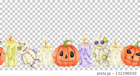 Hand drawn watercolor illustration with pumpkins, candles, and cute stitched voodoo dolls in a seamless border. Great for Halloween stationery, fabric design, banners, and digital invitations. Hand drawn watercolor illustration with pumpkins, candles, and cute stitched voodoo dolls in a seamless border. Great for Halloween stationery, fabric design, banners, and digital invitations. 132296030