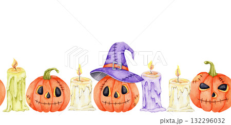 Watercolor illustration of orange pumpkins, purple witch hat, and yellow candles in a seamless border, hand drawn. Perfect for Halloween invitation design, wrapping paper, and party decorations. Watercolor illustration of orange pumpkins, purple witch hat, and yellow candles in a seamless border, hand drawn. Perfect for Halloween invitation design, wrapping paper, and party decorations. 132296032