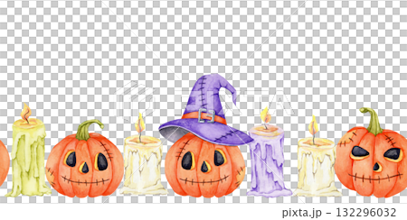 Watercolor illustration of orange pumpkins, purple witch hat, and yellow candles in a seamless border, hand drawn. Perfect for Halloween invitation design, wrapping paper, and party decorations. Watercolor illustration of orange pumpkins, purple witch hat, and yellow candles in a seamless border, hand drawn. Perfect for Halloween invitation design, wrapping paper, and party decorations. 132296032