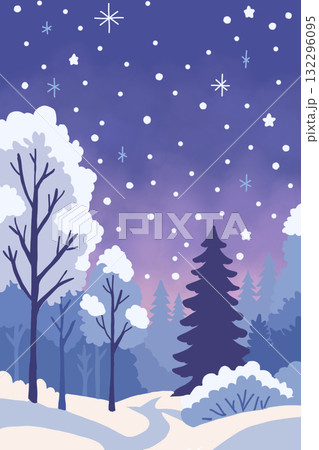 幻想的な夜の雪降る森の背景 132296095
