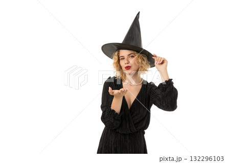 Young woman in witch hat, celebrating Halloween, isolated, PNG 132296103