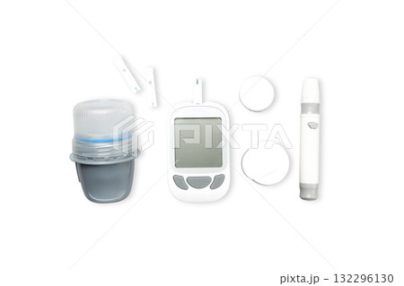 Glucose meter, strips, and insulin pen on white, isolated, PNG Glucose meter, strips, and insulin pen on white, isolated, PNG 132296130