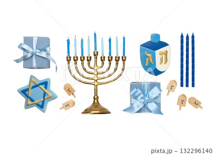 Menorah with blue candles and dreidel gifts, isolated, PNG Menorah with blue candles and dreidel gifts, isolated, PNG 132296140