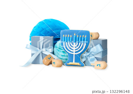 Show blue gifts, honeycomb decor, and menorah cookie, isolated, PNG 132296148
