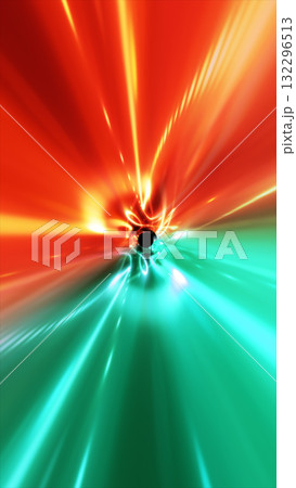 Abstract glowing burst of red and green light converging into a dark core, symbolizing energy, speed, and explosive cosmic power 132296513