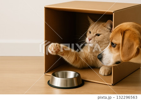 Cat playing inside cardboard box with dog watching near food bowl 132296563