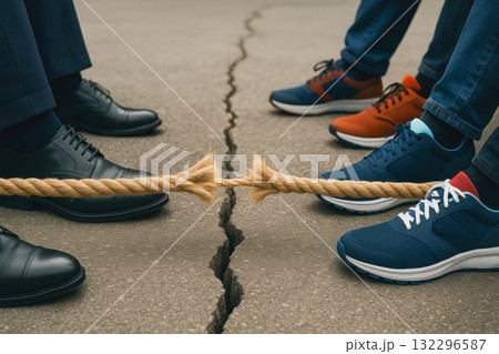 Two groups pulling rope on cracked ground representing conflict and tension 132296587