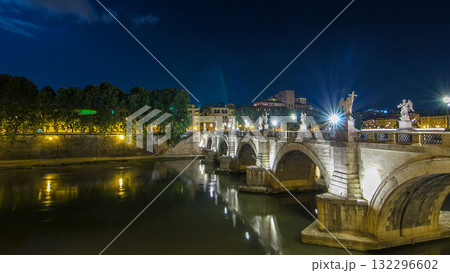 Stunning Ponte Sant'Angelo bridge timelapse hyperlapse crossing the river Tiber near Castel Sant'Angelo in Rome. 132296602