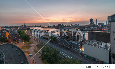 Aerial panoramic view over Maashaven day to night timelapse in Rotterdam. Aerial panoramic view over Maashaven day to night timelapse in Rotterdam. 132296611