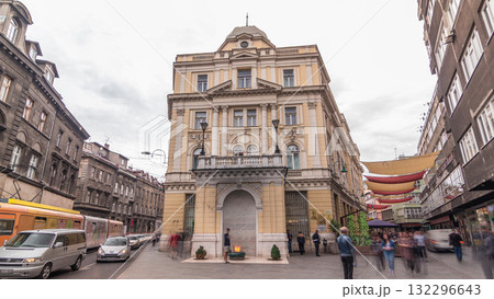 The Eternal flame in the street Ferhadija timelapse hyperlapse is a memorial to the military and civilian victims of the Second World War. 132296643
