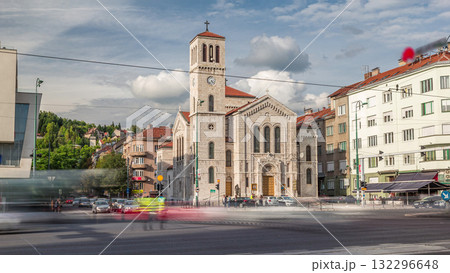 City traffic and people on the cross walk in front of Saint Joseph's Church on Titova street timelapse hyperlapse in Sarajevo, Bosnia 132296648