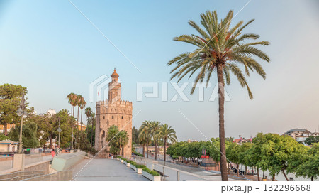 Torre del Oro Watchtower and Waterfront Timelapse hyperlapse, Seville, Spain 132296668