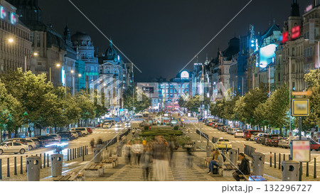 Wenceslas Square in Prague at night timelapse, dusk time, top view. Wenceslas Square in Prague at night timelapse, dusk time, top view. 132296727