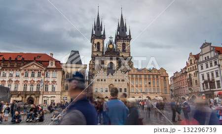 Old town square in Prague timelapse hyperlapse, Tyn Cathedral of the Virgin Mary and monument of Jan Hus. 132296739