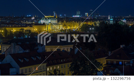 Illuminated National Theatre in Prague at night with reflection in Vltava River timelapse, Czech Republic Illuminated National Theatre in Prague at night with reflection in Vltava River timelapse, Czech Republic 132296756