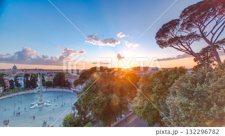 Aerial view of the large urban square, the Piazza del Popolo timelapse, Rome at sunset 132296782