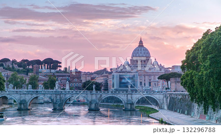 St. Peter's Basilica, Saint Angelo Bridge and Tiber River in the sunset timelapse St. Peter's Basilica, Saint Angelo Bridge and Tiber River in the sunset timelapse 132296788