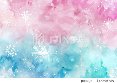 ピンクとブルーの水彩風冬背景　雪の結晶が舞うやわらかなグラデーションテクスチャ（パステル・冬・背景素 132296789