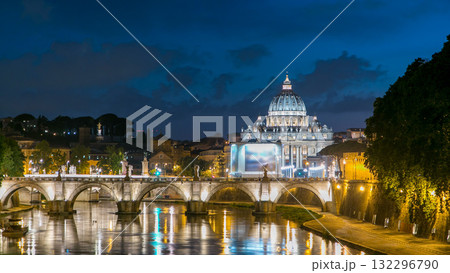 St. Peter's Basilica, Saint Angelo Bridge and Tiber River after the sunset day to night timelapse 132296790