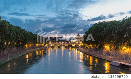 St. Peter's Basilica, Saint Angelo Bridge and Tiber River after the sunset day to night timelapse hyperlapse St. Peter's Basilica, Saint Angelo Bridge and Tiber River after the sunset day to night timelapse hyperlapse 132296799