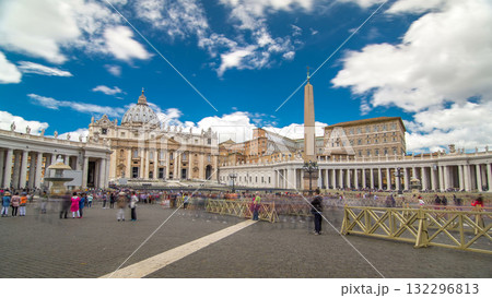 St. Peter's Square full of tourists with St. Peter's Basilica and the Egyptian obelisk within the Vatican City timelapse hyperlapse 132296813
