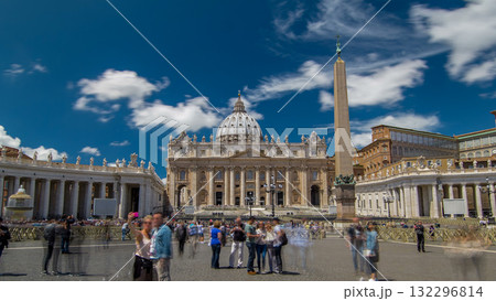 St. Peter's Square full of tourists with St. Peter's Basilica and the Egyptian obelisk within the Vatican City timelapse hyperlapse 132296814