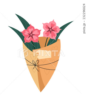 Flowers bouquet decoration attached by colorful washi tape. Floral pieces pretty romantic ornaments with sticker strips vector illustration 132296824