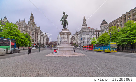 Liberdade square with monument of King Peter IV and Porto city hall timelapse hyperlapse, Porto, Portugal 132296863
