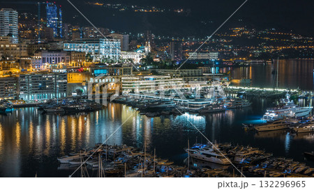 Panorama of Monte Carlo timelapse at night from the observation deck in the village of Monaco with Port Hercules. Panorama of Monte Carlo timelapse at night from the observation deck in the village of Monaco with Port Hercules. 132296965