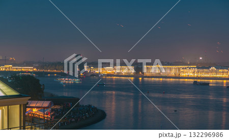 Fireworks timelapse over the city of St. Petersburg Russia on the feast of Scarlet Sails, view from rooftop. Fireworks timelapse over the city of St. Petersburg Russia on the feast of Scarlet Sails, view from rooftop. 132296986