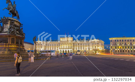 Mariinsky palace and monument to Nikolay I from Isaac's square day to night timelapse hyperlapse. Saint-Petersburg, Russia 132297034