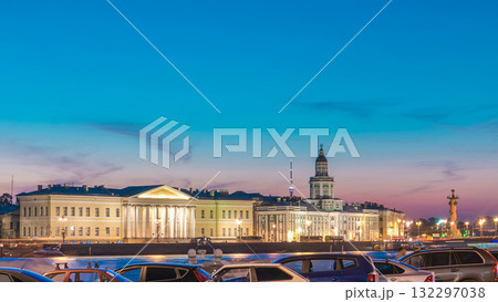 Building of Kunstkamera and the cityscape night to day timelapse viewed from the Admirality embankment. 132297038