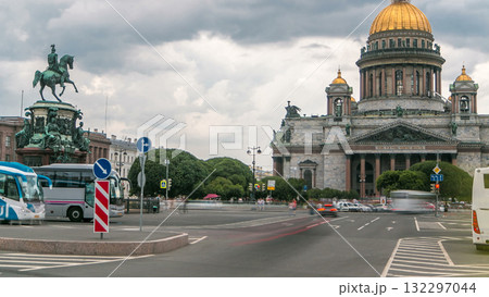 Saint Isaac's Cathedral and the Monument to Emperor Nicholas I timelapse, St. Petersburg, Russia 132297044