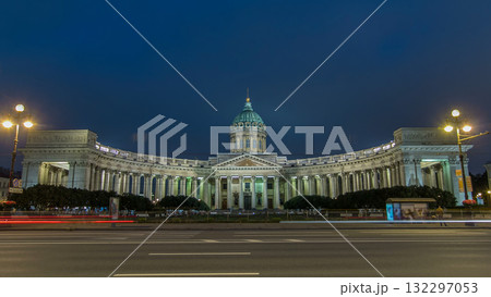 Kazan Cathedral Kazanskiy Kafedralniy Sobor in St. Petersburg during the White Nights in the summer timelapse hyperlapse 132297053
