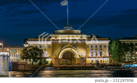 Quay of river Neva with building of Admiralty and Palace bridge timelapse at wthite night. St. Petersburg, Russia 132297056