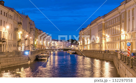 Night view of the Moyka River Quay with bridge timelapse. Saint Petersburg, Russia. Night view of the Moyka River Quay with bridge timelapse. Saint Petersburg, Russia. 132297058