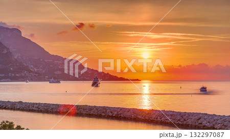 Sunrise view of sea and landscape timelapse from Beaulieu sur mer, France. Sunrise view of sea and landscape timelapse from Beaulieu sur mer, France. 132297087