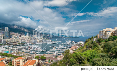 Monte Carlo city aerial panorama timelapse. View of luxury yachts and apartments in harbor of Monaco, Cote d'Azur. Monte Carlo city aerial panorama timelapse. View of luxury yachts and apartments in harbor of Monaco, Cote d'Azur. 132297088