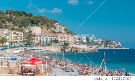 View of the beach in Nice timelapse, France, near the Promenade des Anglais. 132297104
