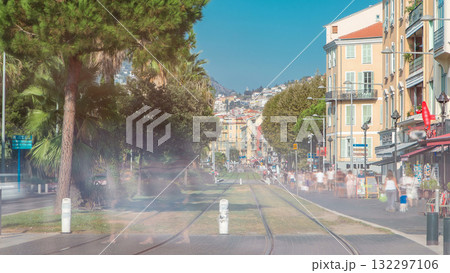 Boulevard Jean Jaures on a sunny day with tram going up and down timelapse. Nice, France 132297106