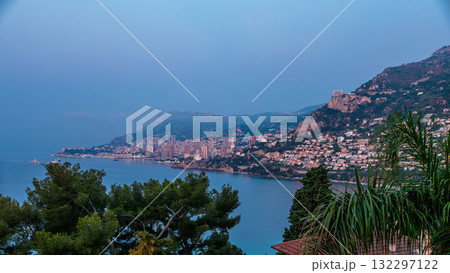 Cityscape of Monte Carlo night to day timelapse, Monaco before summer sunrise. 132297122