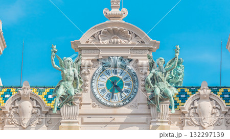 Clock on top of the 19th century baroque style palace of the Monte Carlo Casino in Monaco Clock on top of the 19th century baroque style palace of the Monte Carlo Casino in Monaco 132297139