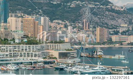Monte Carlo city aerial panorama timelapse. View of luxury yachts and buildings in harbor of Monaco, Cote d'Azur. Monte Carlo city aerial panorama timelapse. View of luxury yachts and buildings in harbor of Monaco, Cote d'Azur. 132297161