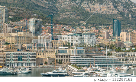 Monte Carlo city aerial panorama timelapse. View of luxury yachts and buildings in harbor of Monaco, Cote d'Azur. Monte Carlo city aerial panorama timelapse. View of luxury yachts and buildings in harbor of Monaco, Cote d'Azur. 132297162