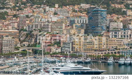 Monte Carlo city aerial panorama timelapse. View of luxury yachts and apartments in harbor of Monaco, Cote d'Azur. Monte Carlo city aerial panorama timelapse. View of luxury yachts and apartments in harbor of Monaco, Cote d'Azur. 132297166