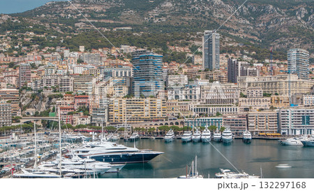 Monte Carlo city aerial panorama timelapse. View of luxury yachts and apartments in harbor of Monaco, Cote d'Azur. Monte Carlo city aerial panorama timelapse. View of luxury yachts and apartments in harbor of Monaco, Cote d'Azur. 132297168