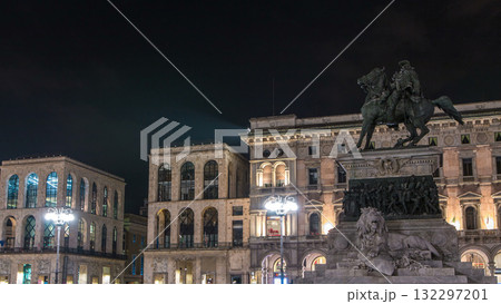 Vittorio Emanuele II statue at Piazza del Duomo timelapse at night. Milan in Lombardy, Italy. 132297201