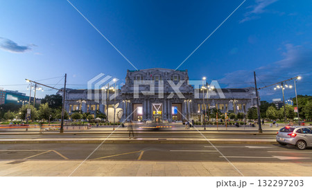 Milano Centrale day to night timelapse in Piazza Duca d'Aosta is the main railway station of the city of Milan in Italy. 132297203
