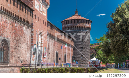 Main entrance to the Sforza Castle and tower - Castello Sforzesco timelapse, Milan, Italy 132297209
