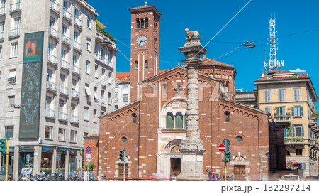 Church of San Babila timelapse and the column with lion on the top on Avenue Buenos Aires in Milan 132297214